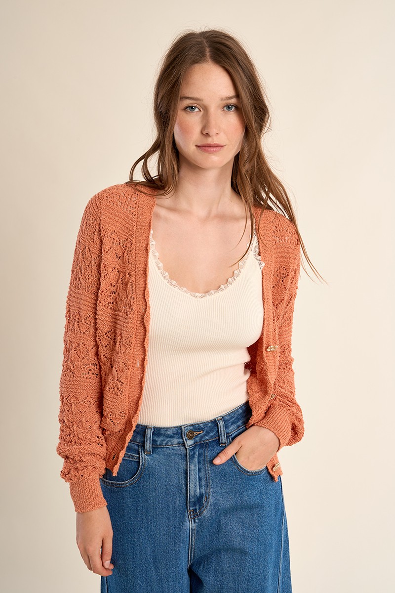 Cardigan en maille ajourée, col V Cardigan en maille ajourée, col V