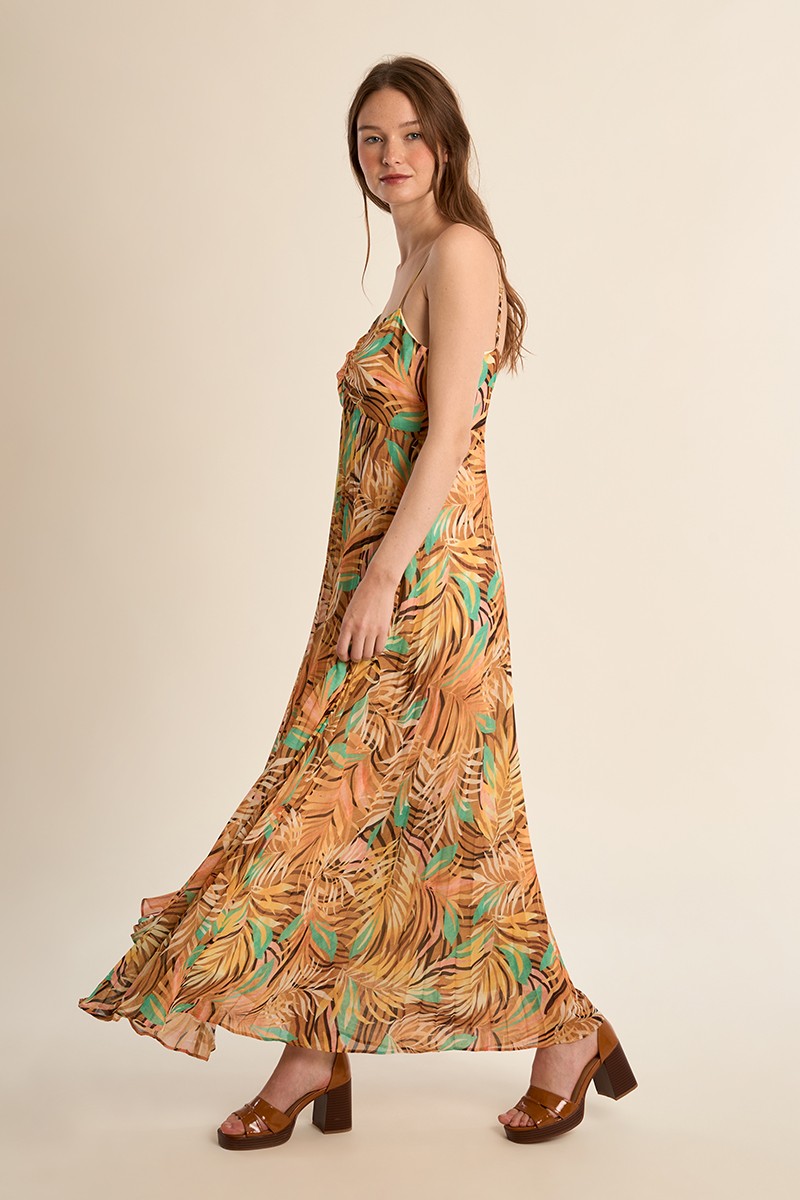 Robe longue plissée, imprimée