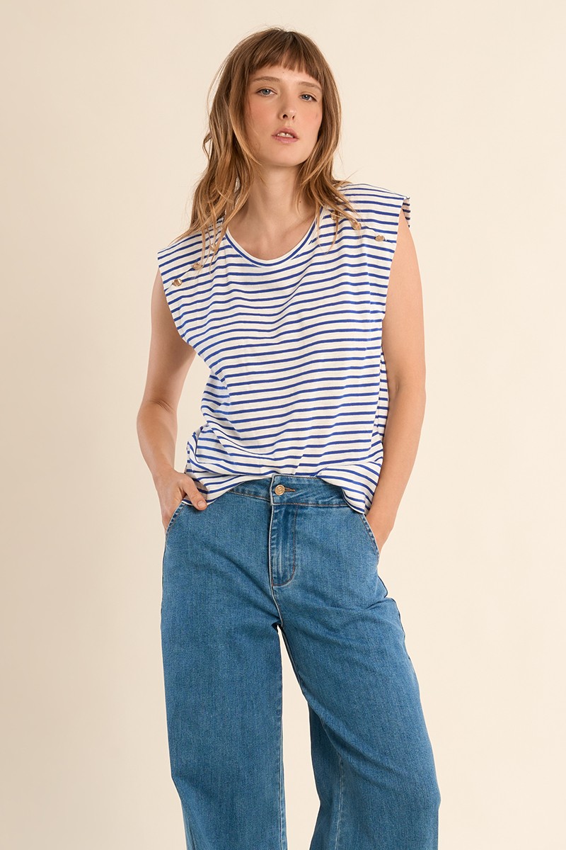 T-shirt marinière en coton avec boutons dorés