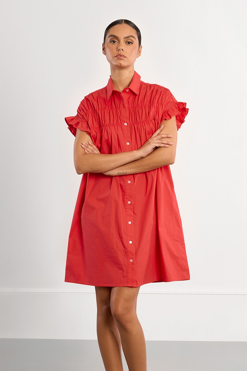 Robe chemise en coton, smockée